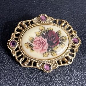 Vintage Victorian Revival Brooch 1928 Jewelry Floral Gold Tone Pink Rhinestone